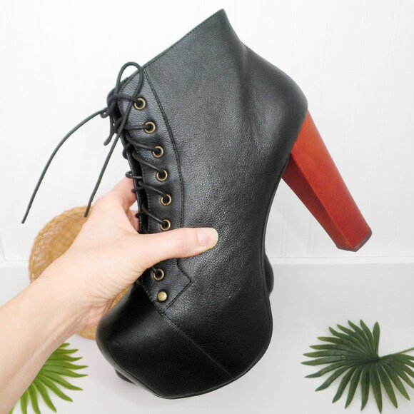Jeffrey Campbell LITA Platform Heeled Lace-Up Bootie Black Wood Heels 11M Drag - Picture 7 of 15
